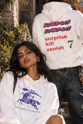 White hoodie sweatshirt with large back graphic, drawstring hood, and long sleeves