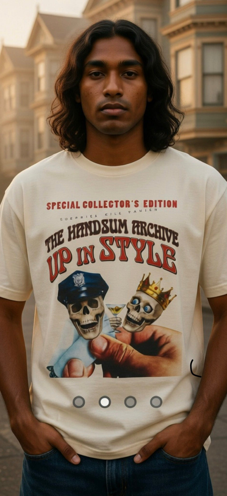 Cream crewneck T-shirt with front graphic print of skulls and kings with the words “Up in Style”.