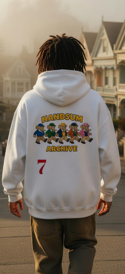 White hoodie back view with colorful character lineup, ARCHIVE text, and number 7