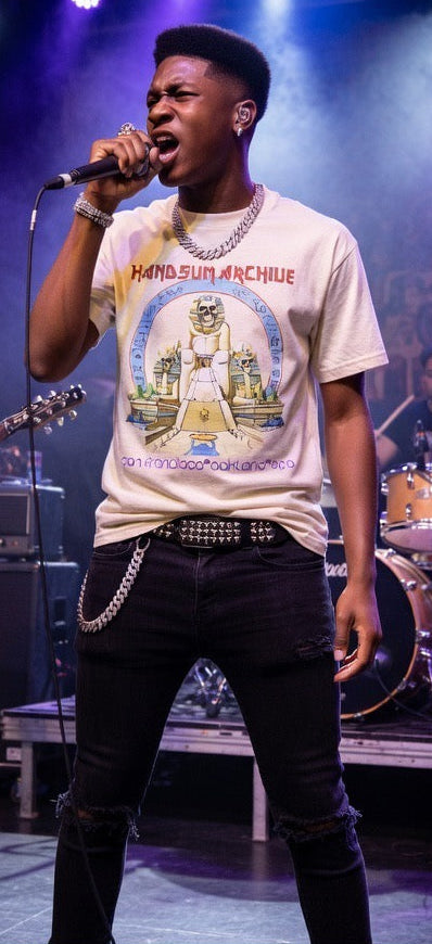 Cream T-shirt with Egyptian skull statue graphic on chest and crew neckline