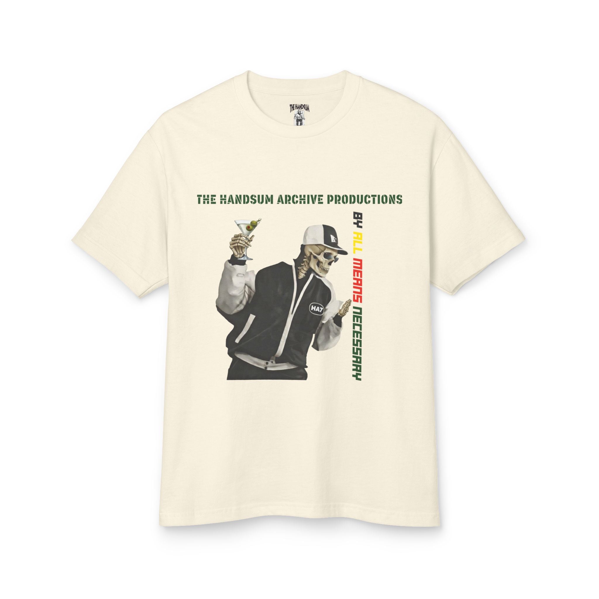 Cream graphic T-shirt with illustrated character and vertical wordmark print