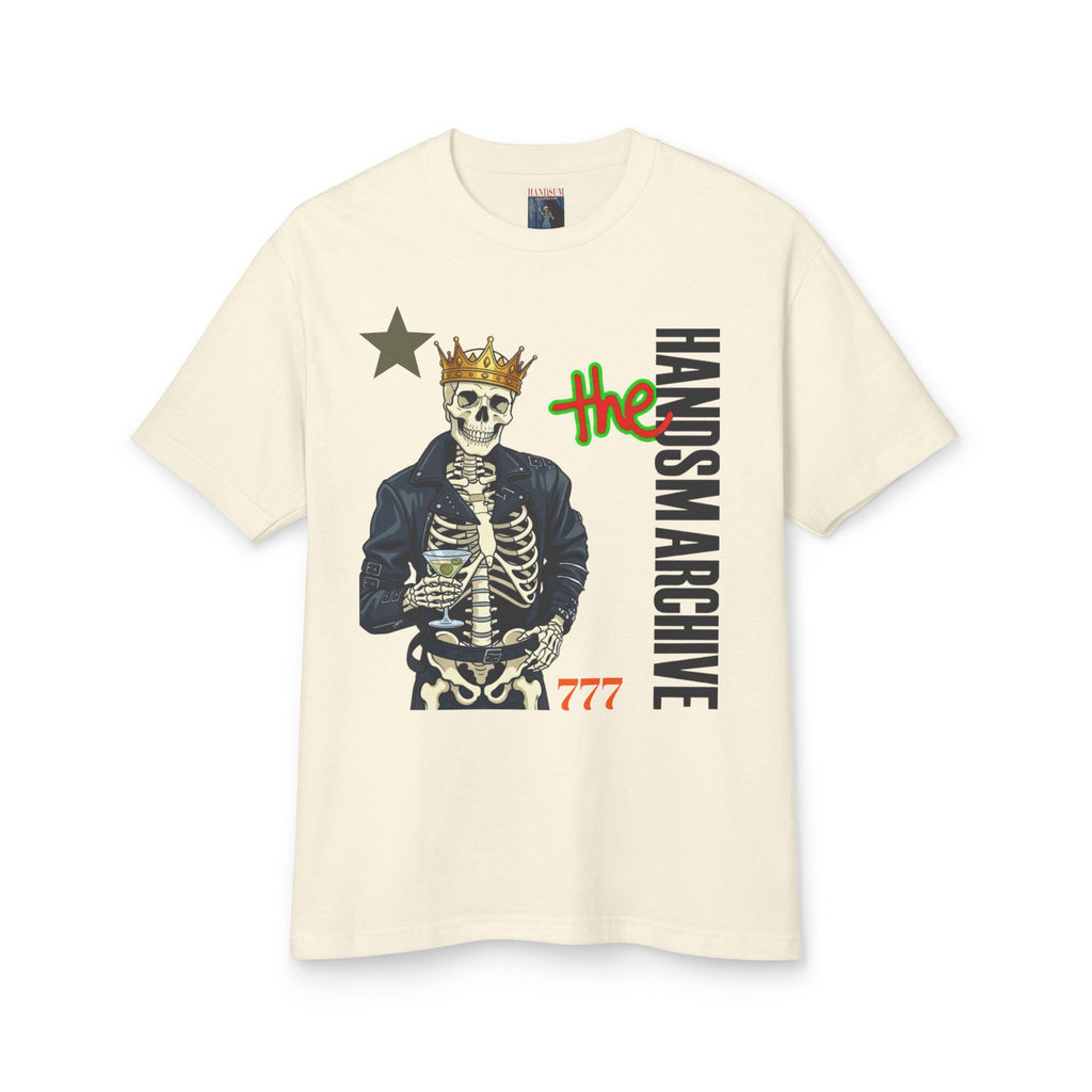 Cream crewneck T-shirt with skeleton king graphic and The Handsmarchive lettering
