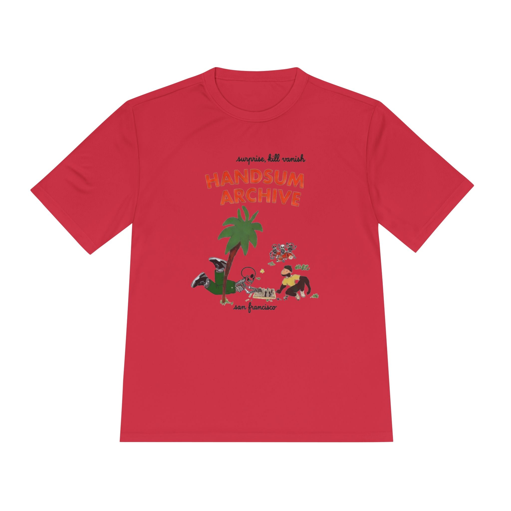 True Red moisture-wicking tee front with 'HANDSUN ARCHIVE' graphic and crew neck.