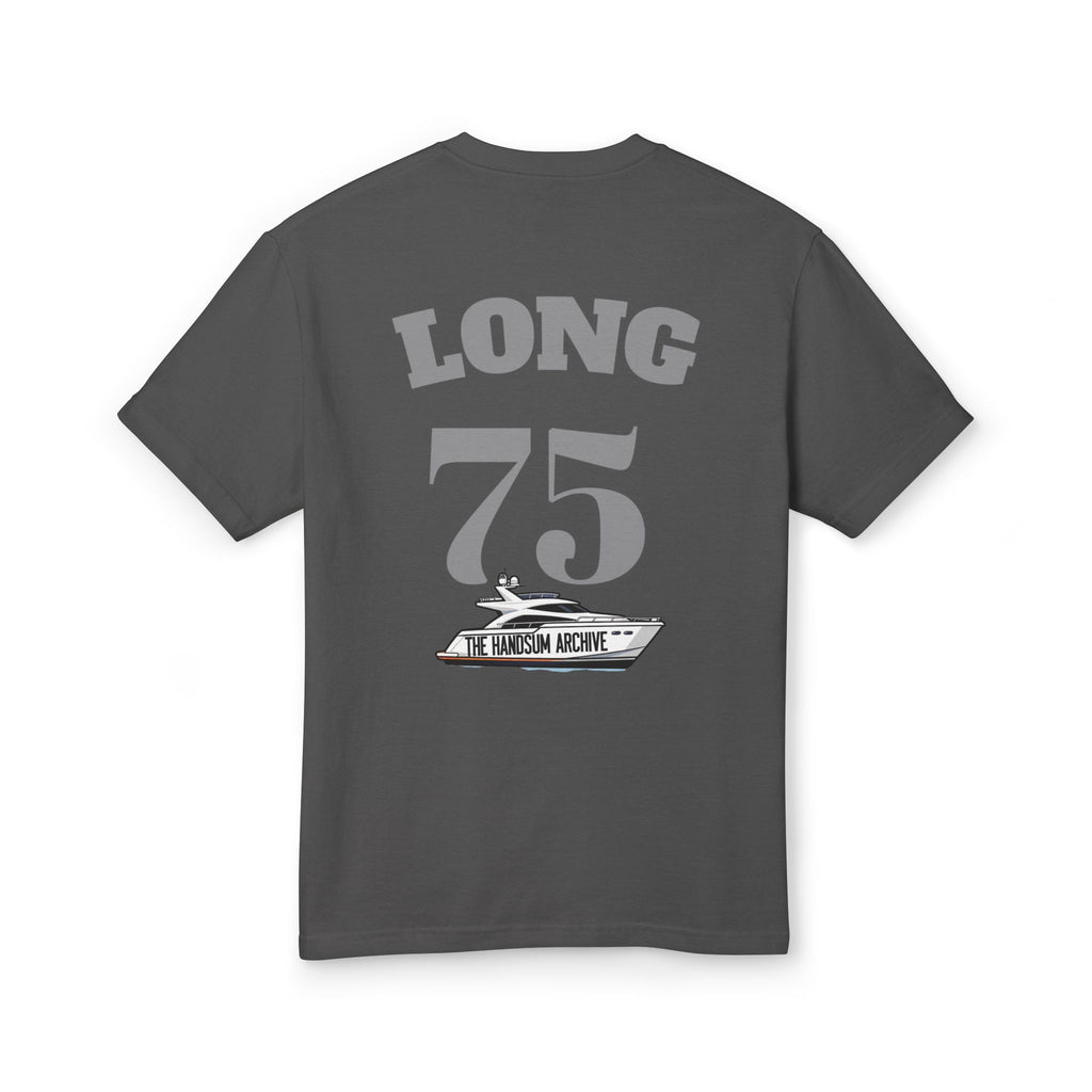 Faded dark gray T-shirt with "LONG 75" back print graphic