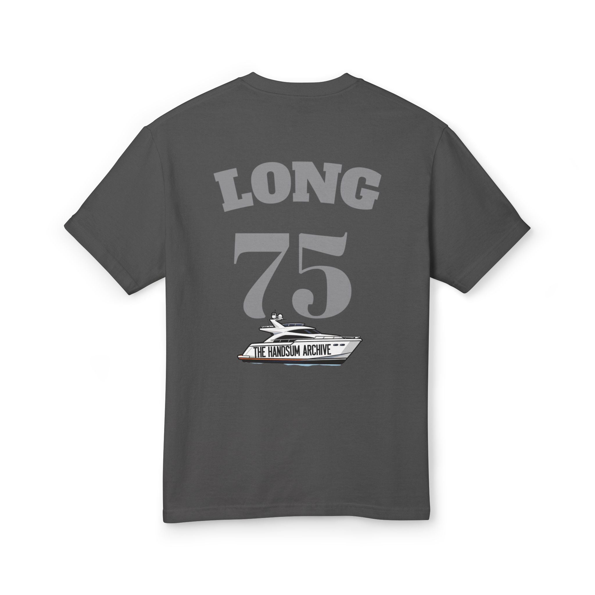 Faded dark gray T-shirt with "LONG 75" back print graphic