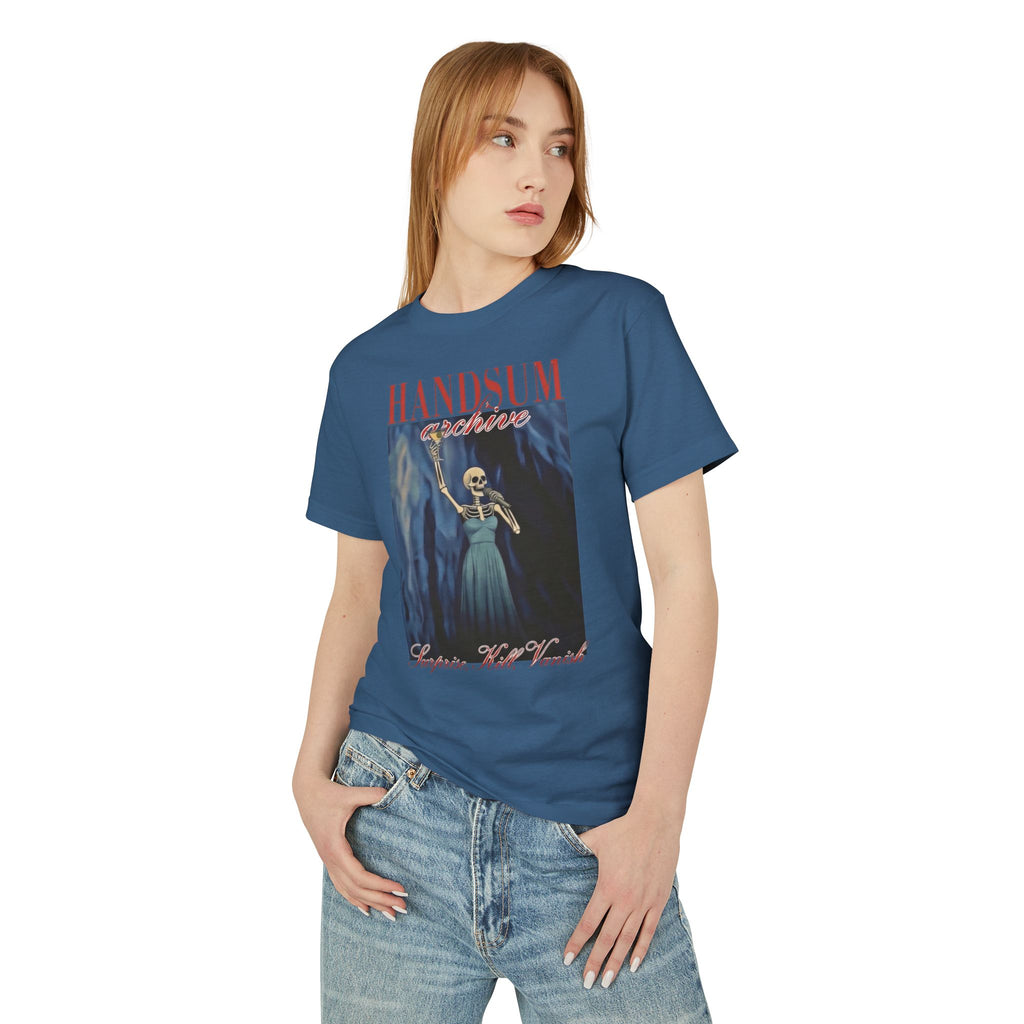 Navy graphic T-shirt with chest print worn by model