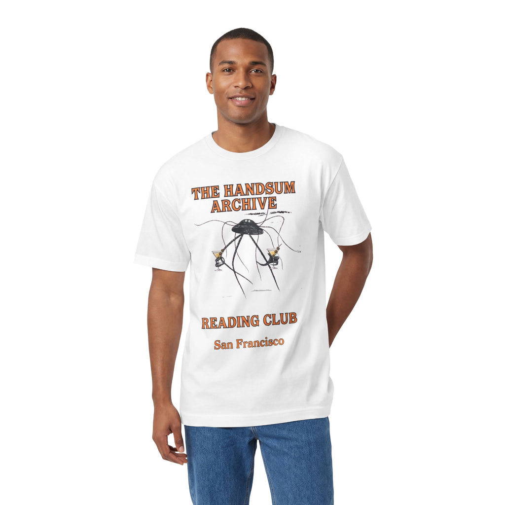 White crewneck T-shirt on model, front bug graphic with The Handsum Archive text