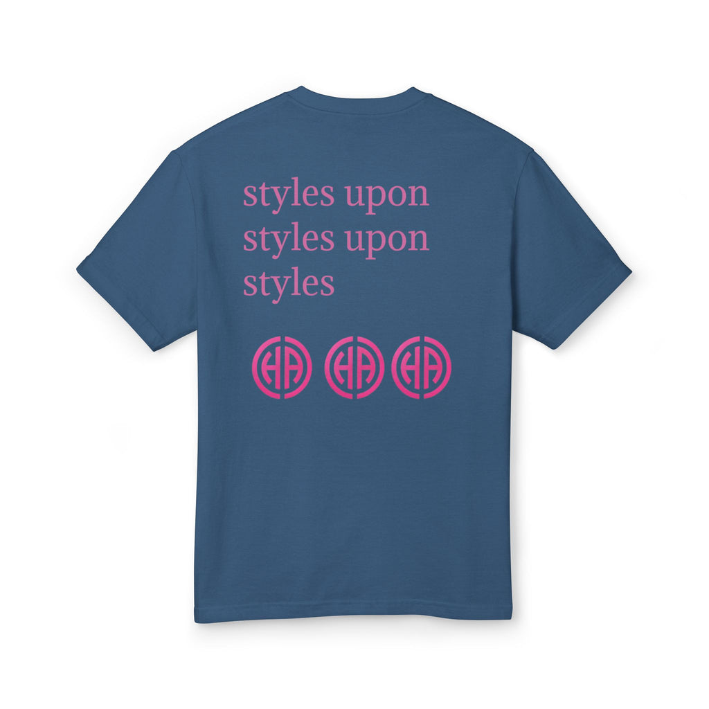 Marauders graphic tee in faded navy with pink back text "styles upon" and circular emblems