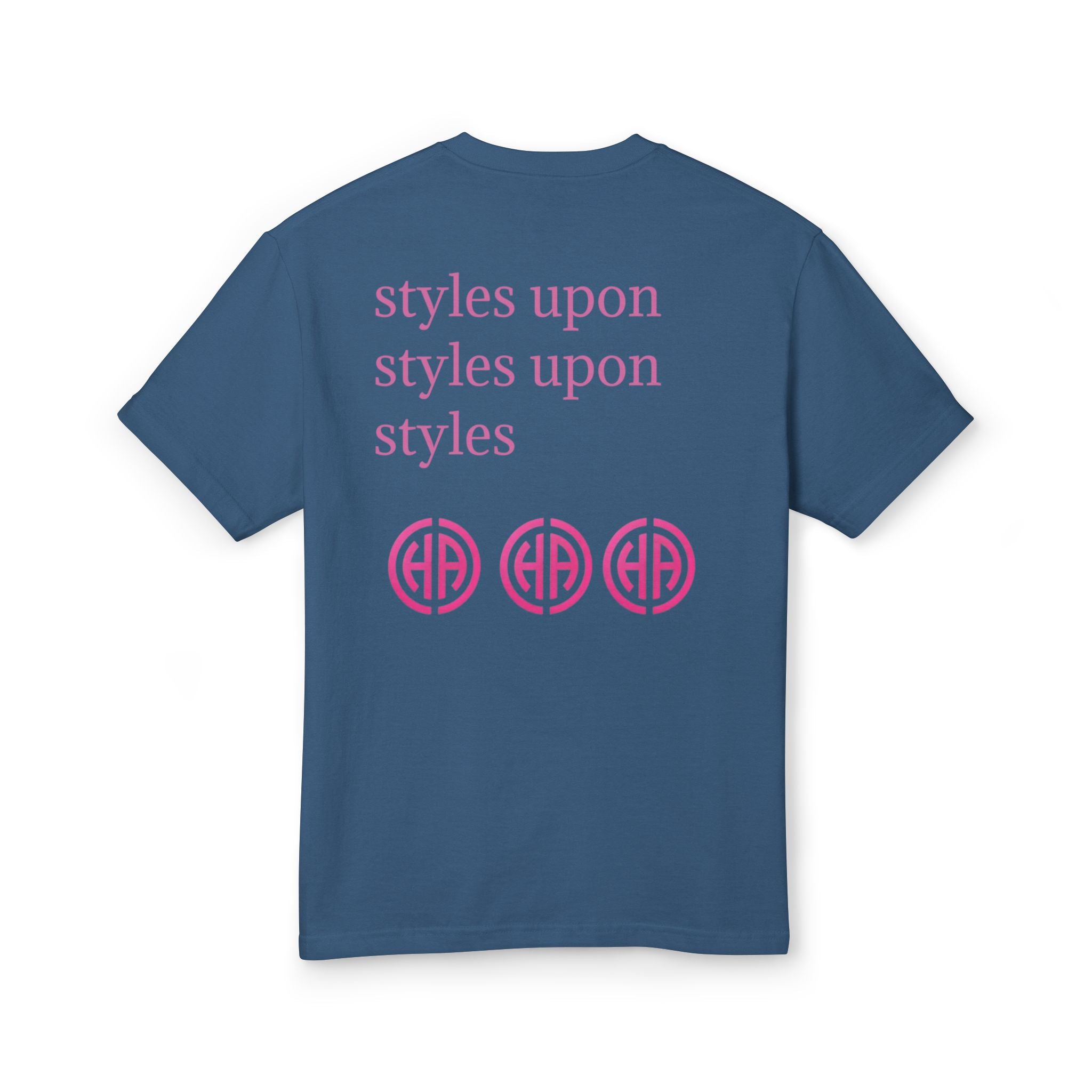 Marauders graphic tee in faded navy with pink back text "styles upon" and circular emblems
