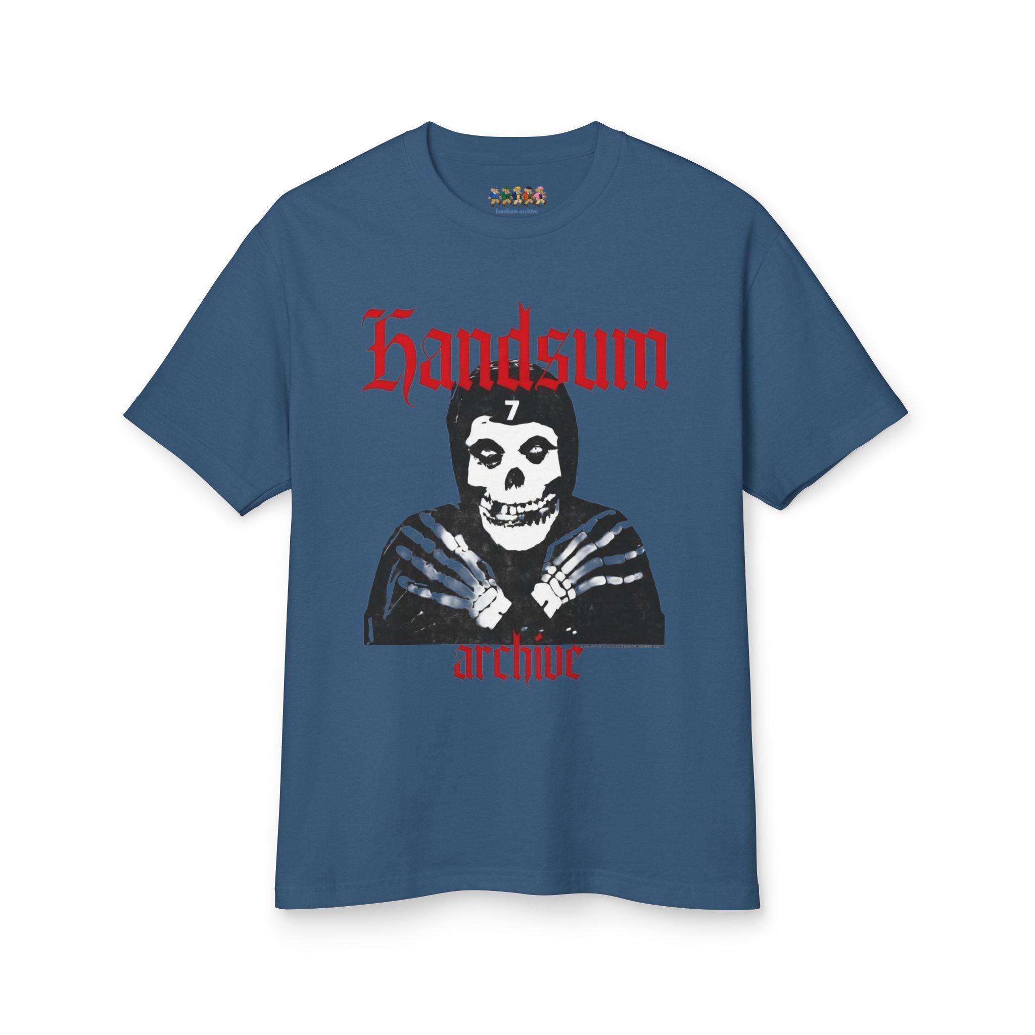 Blue Misfit tee with skull portrait graphic and red "archive" text