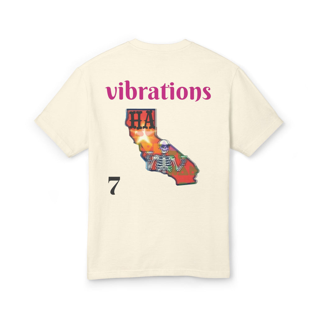 Cream T-shirt back with "vibrations" text and red state skeleton graphic
