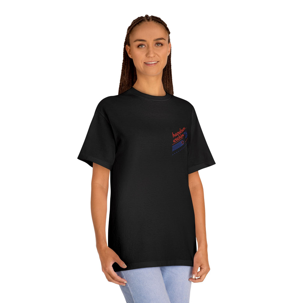 Black crewneck T-shirt with small chest logo graphic print.