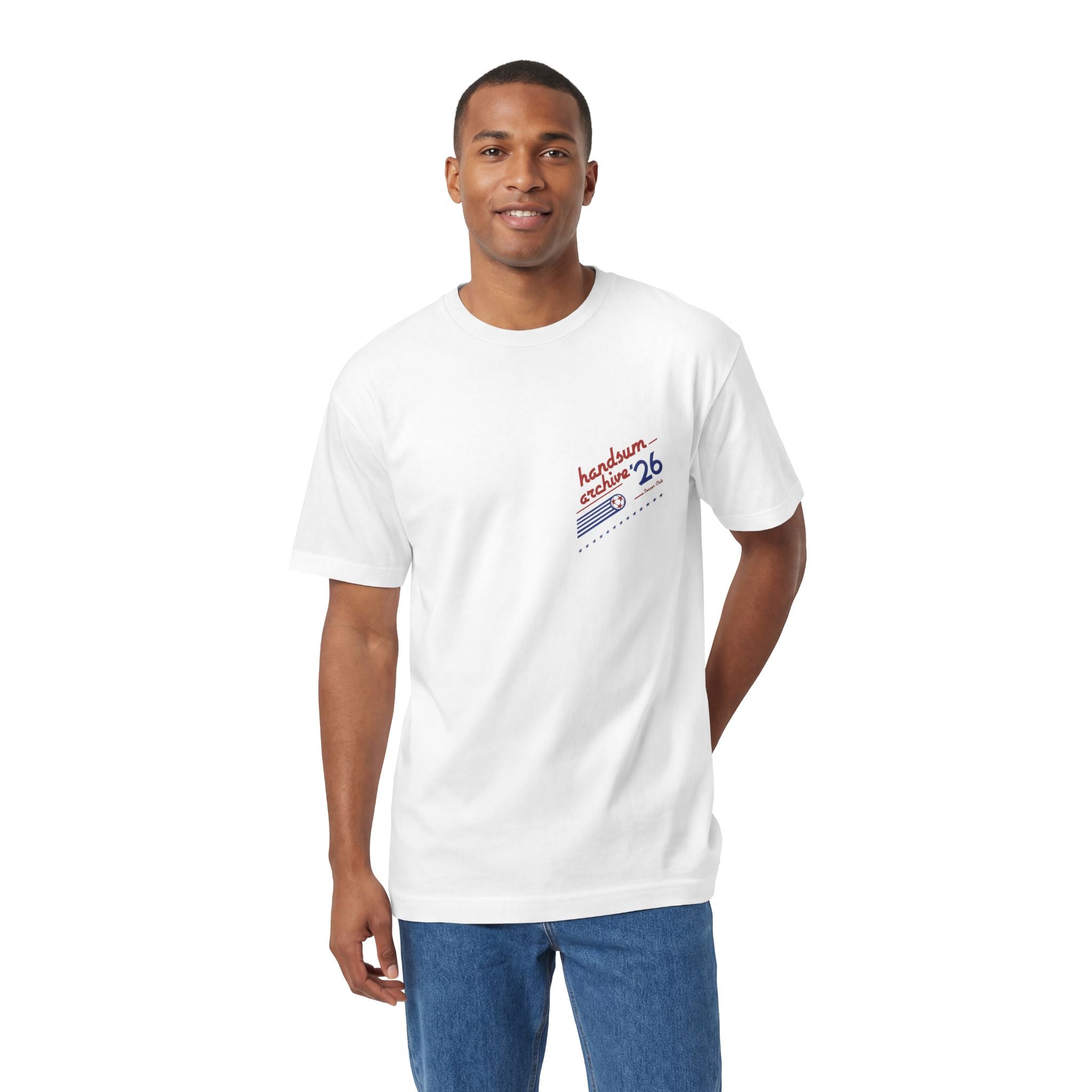 White crewneck T-shirt with small multicolor chest logo graphic print.