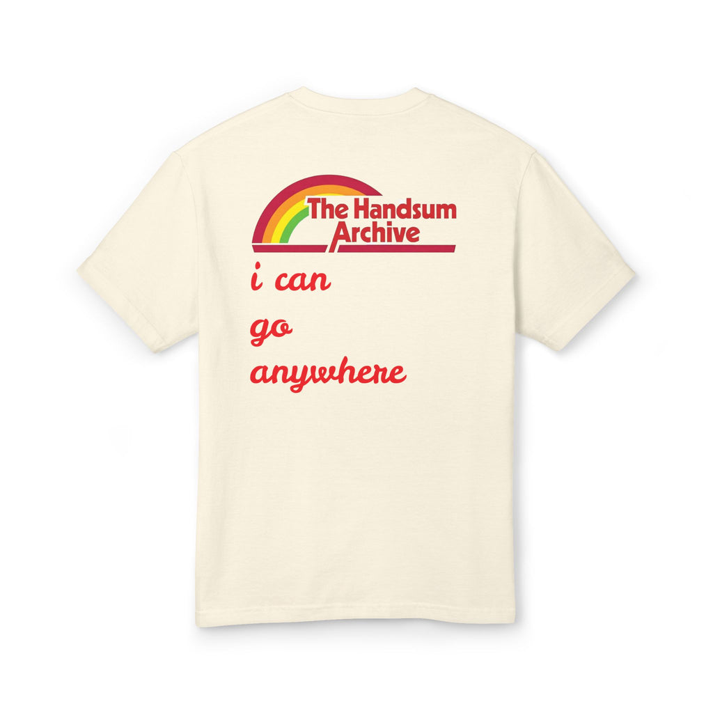 King Babar Tee, cream, back rainbow logo and red text slogan