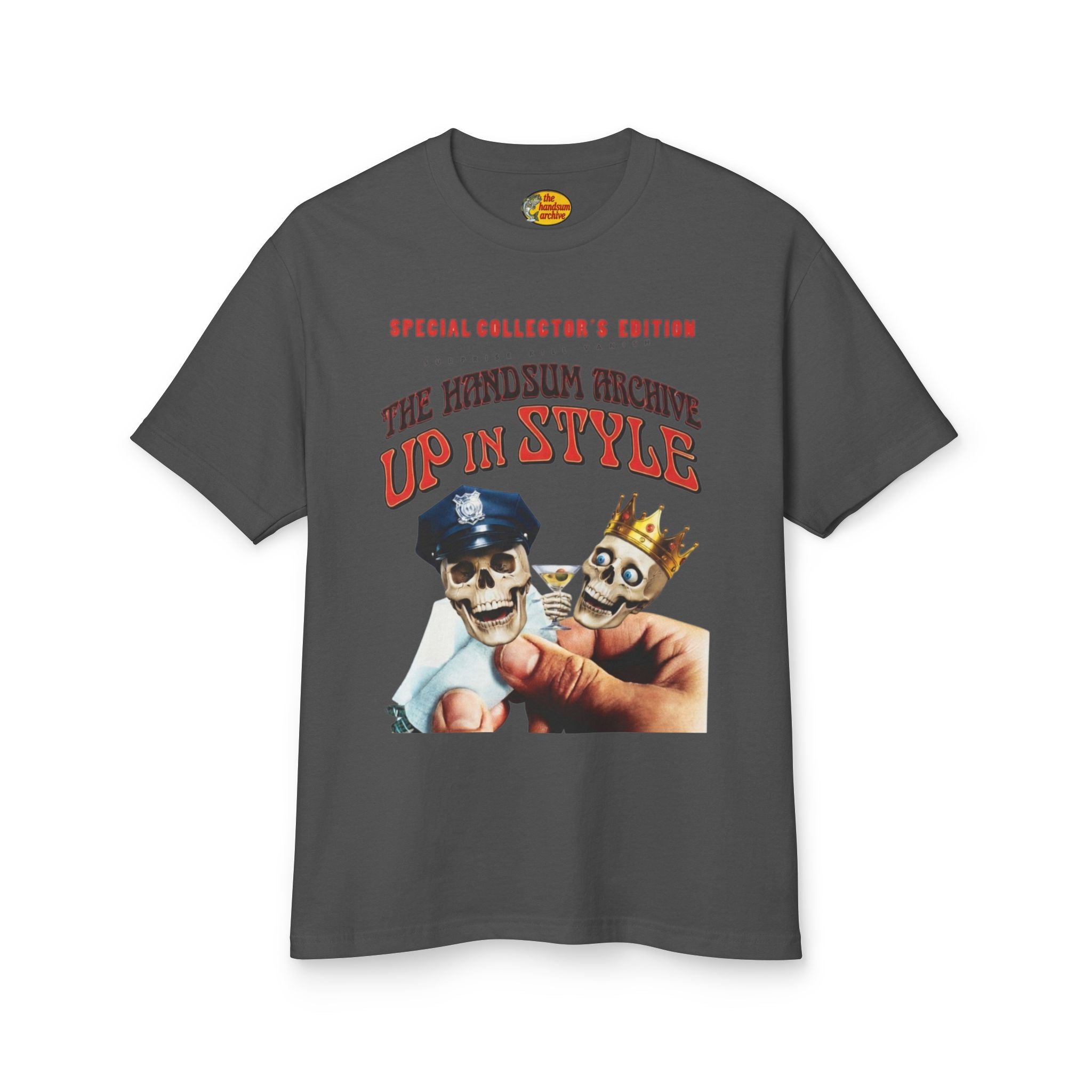 Dark gray crewneck T-shirt with front graphic print of two skulls wearing a cap and crown.