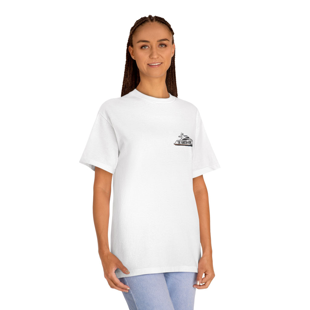 White crew-neck graphic tee, small chest yacht logo on left side.