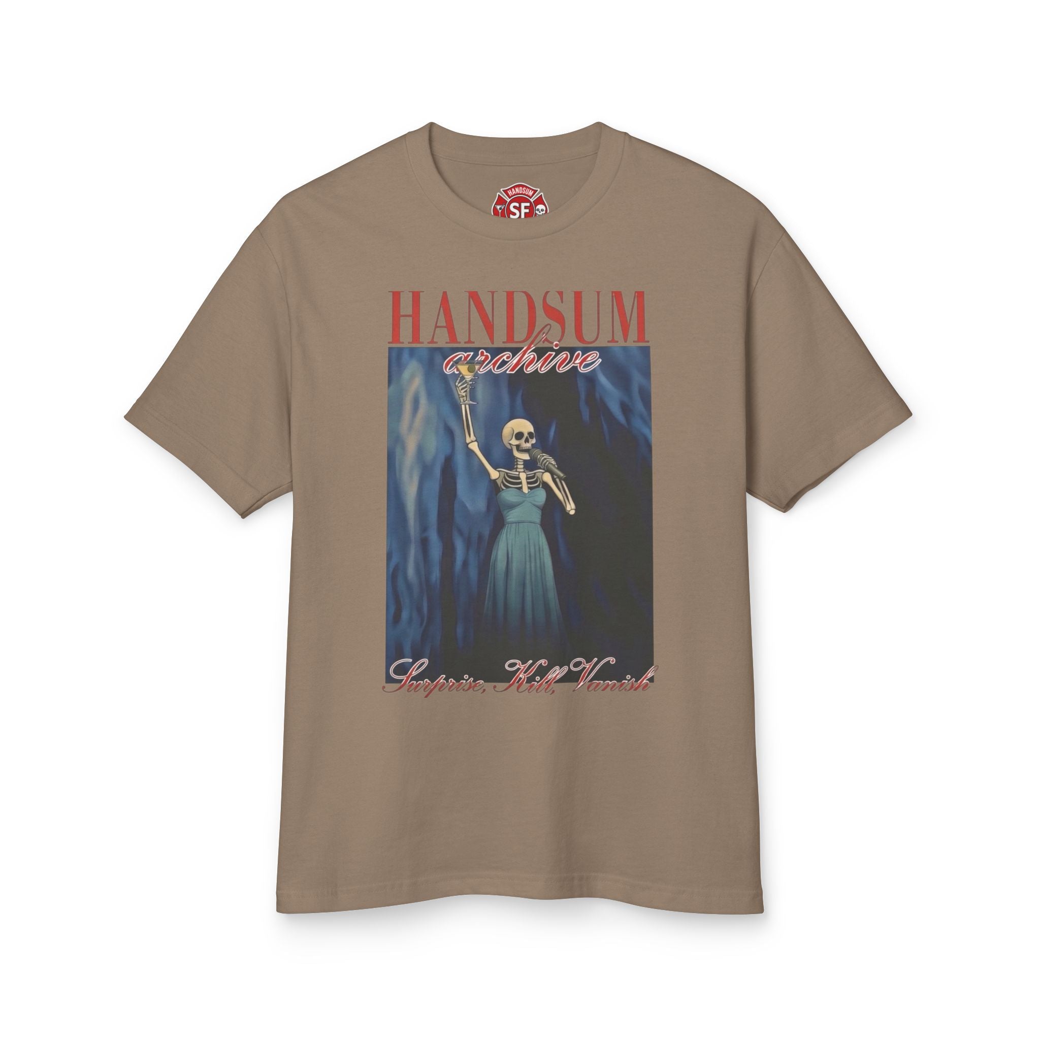 Brown crew-neck tee with front skeleton holding scythe graphic and HANDSUM logo
