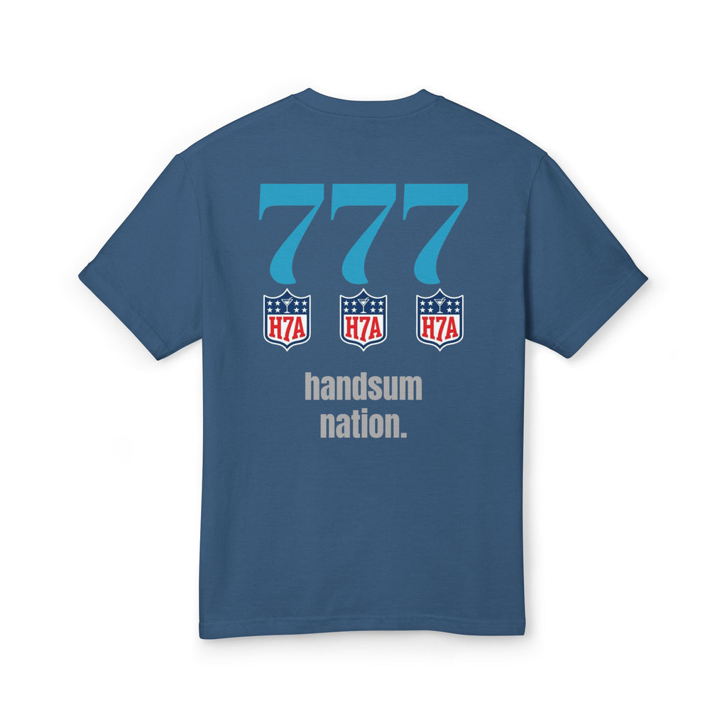Blue cotton T-shirt back print: three 777 icons and handsum nation text