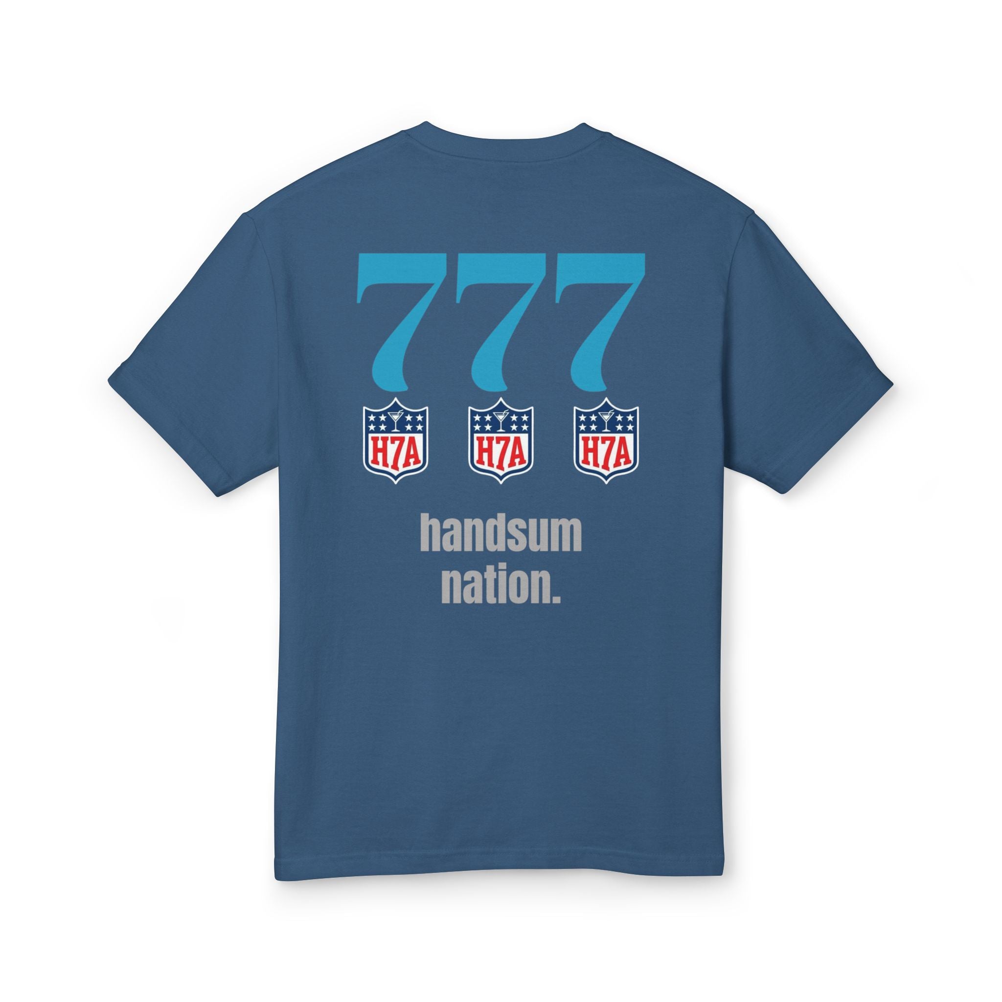 Blue cotton T-shirt back print: three 777 icons and handsum nation text