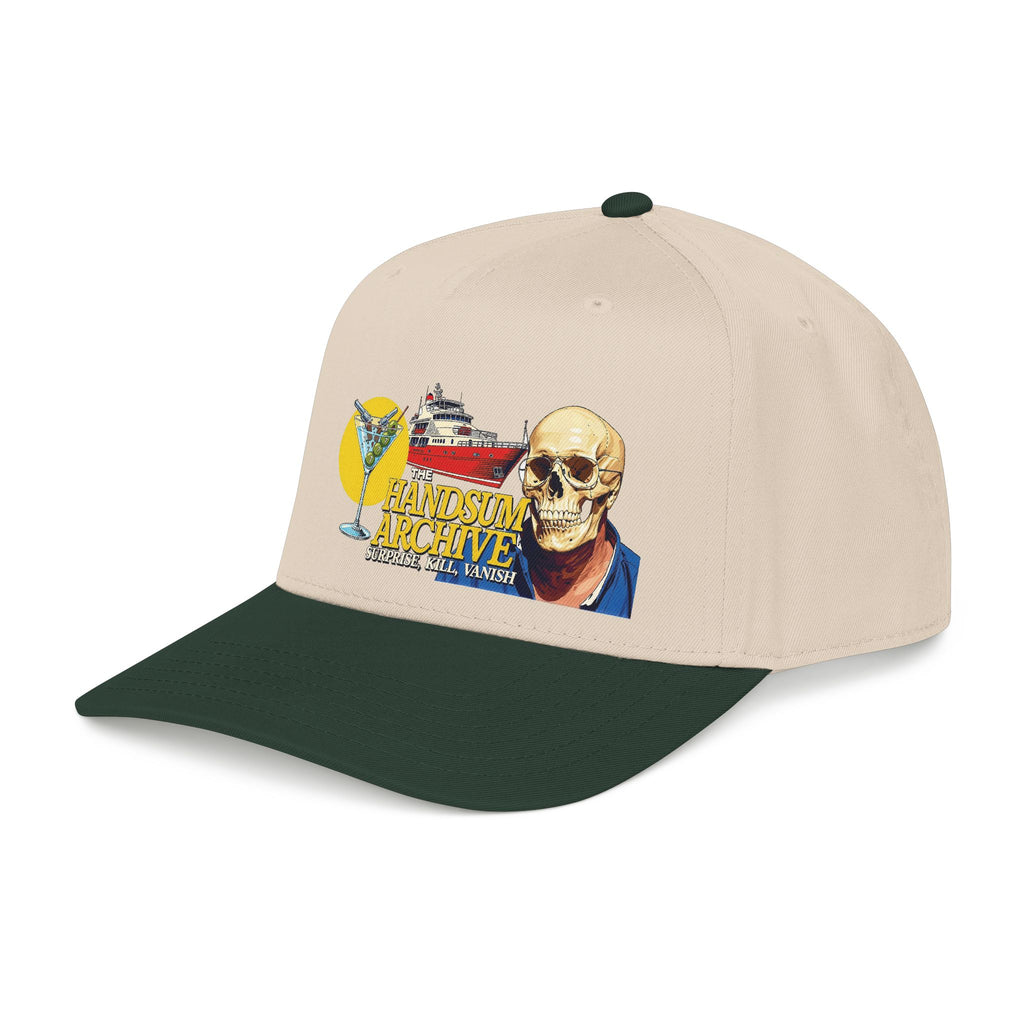 Natural baseball cap with dark green brim and colorful skull graphic front panel