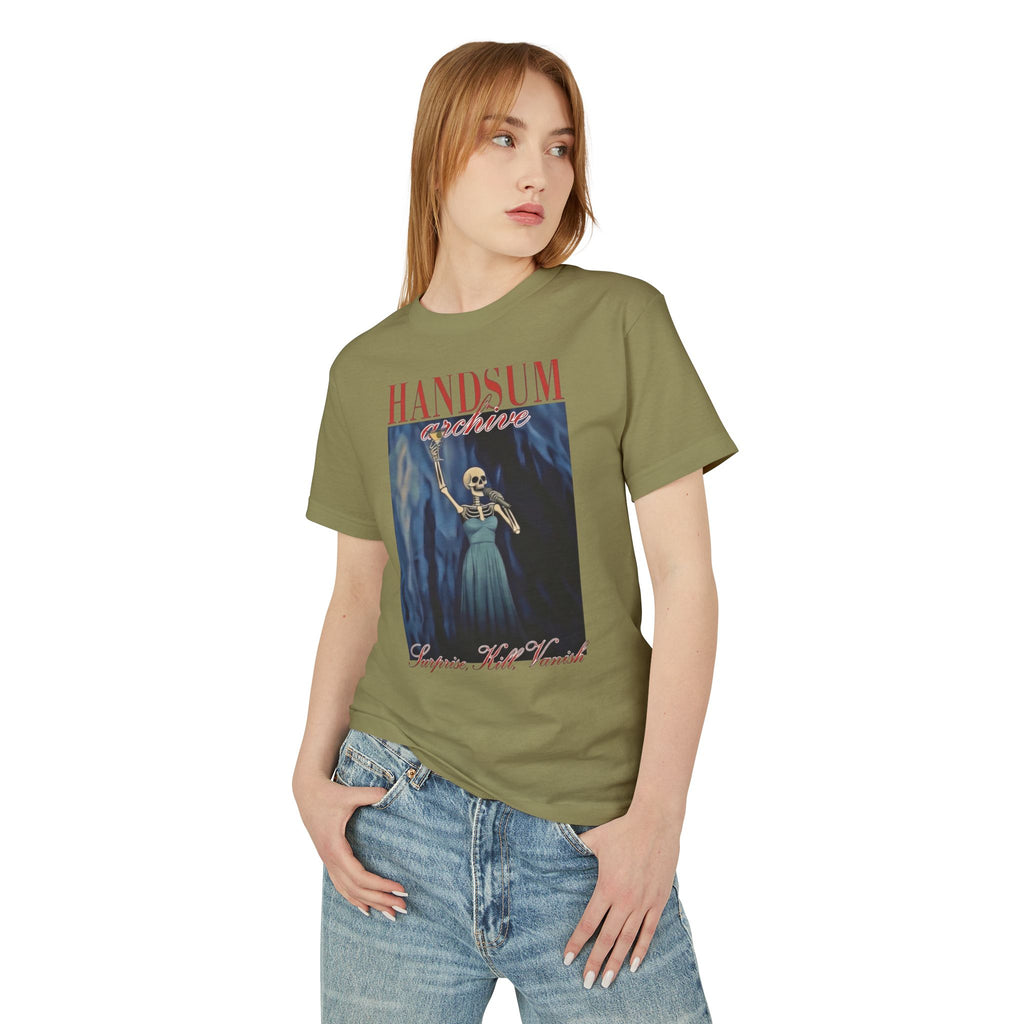 Olive unisex graphic tee with front blue character artwork