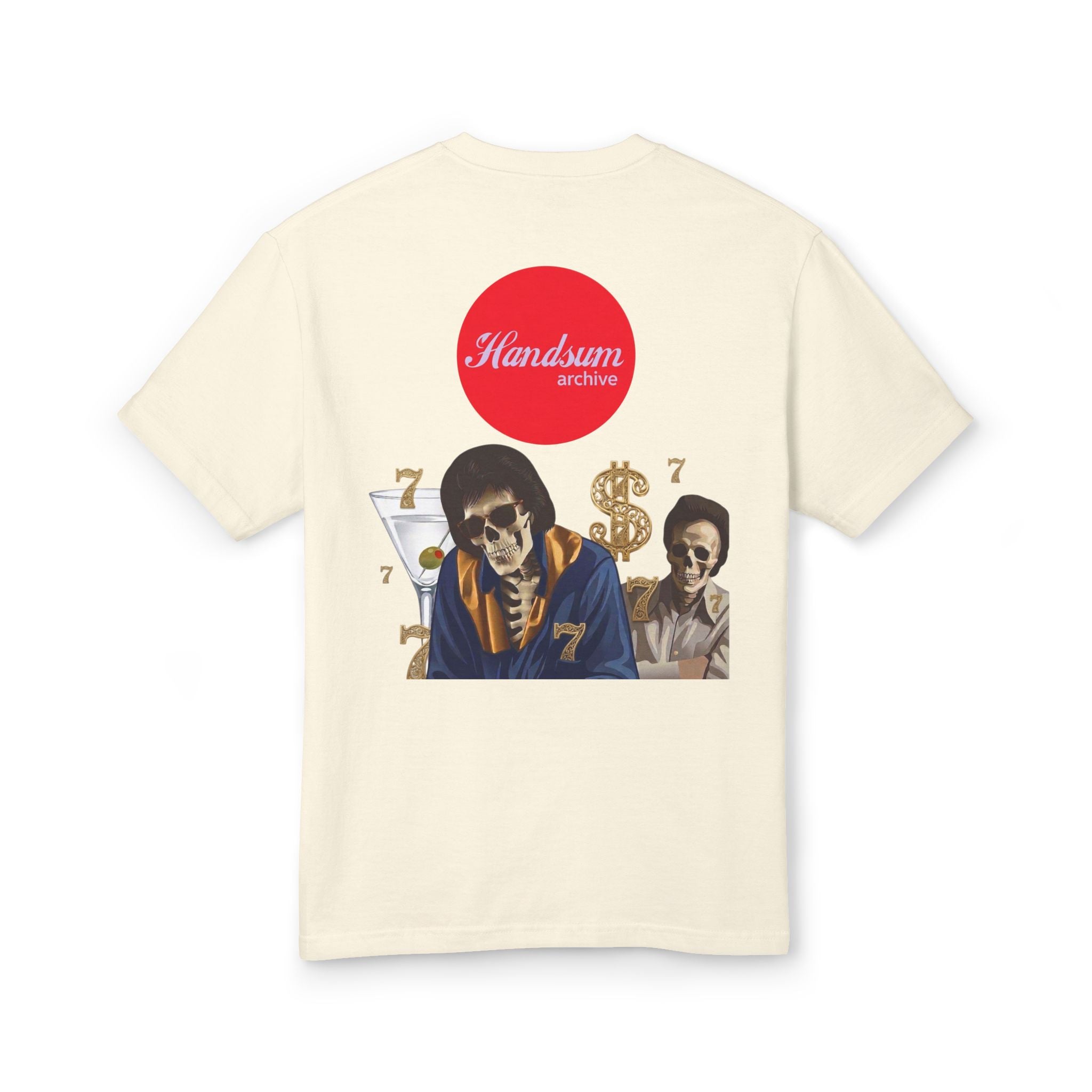 Faded cream T-shirt, back view, featuring red circle Handsum logo and portrait print