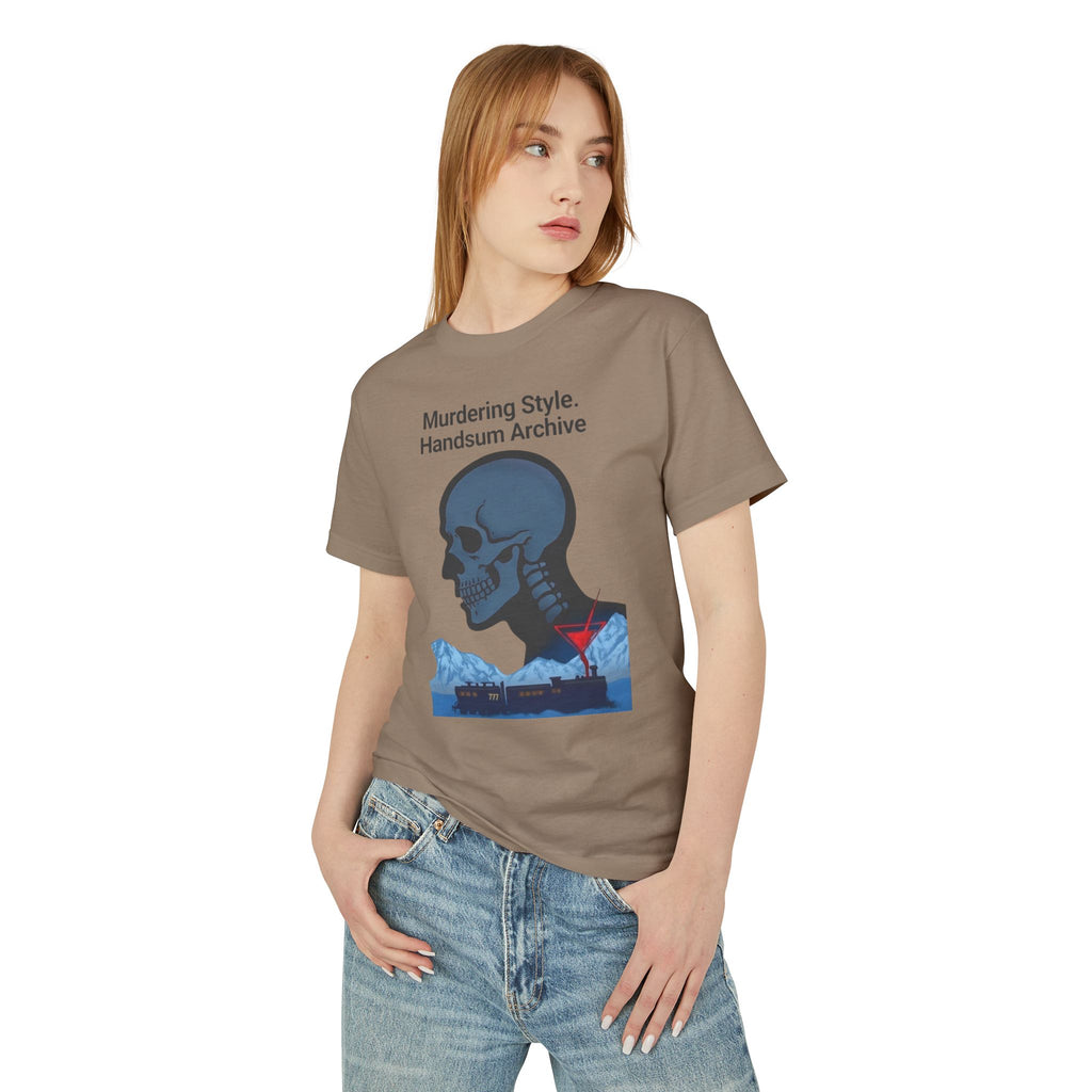 Brown crewneck graphic tee with skull and hands Archive front print