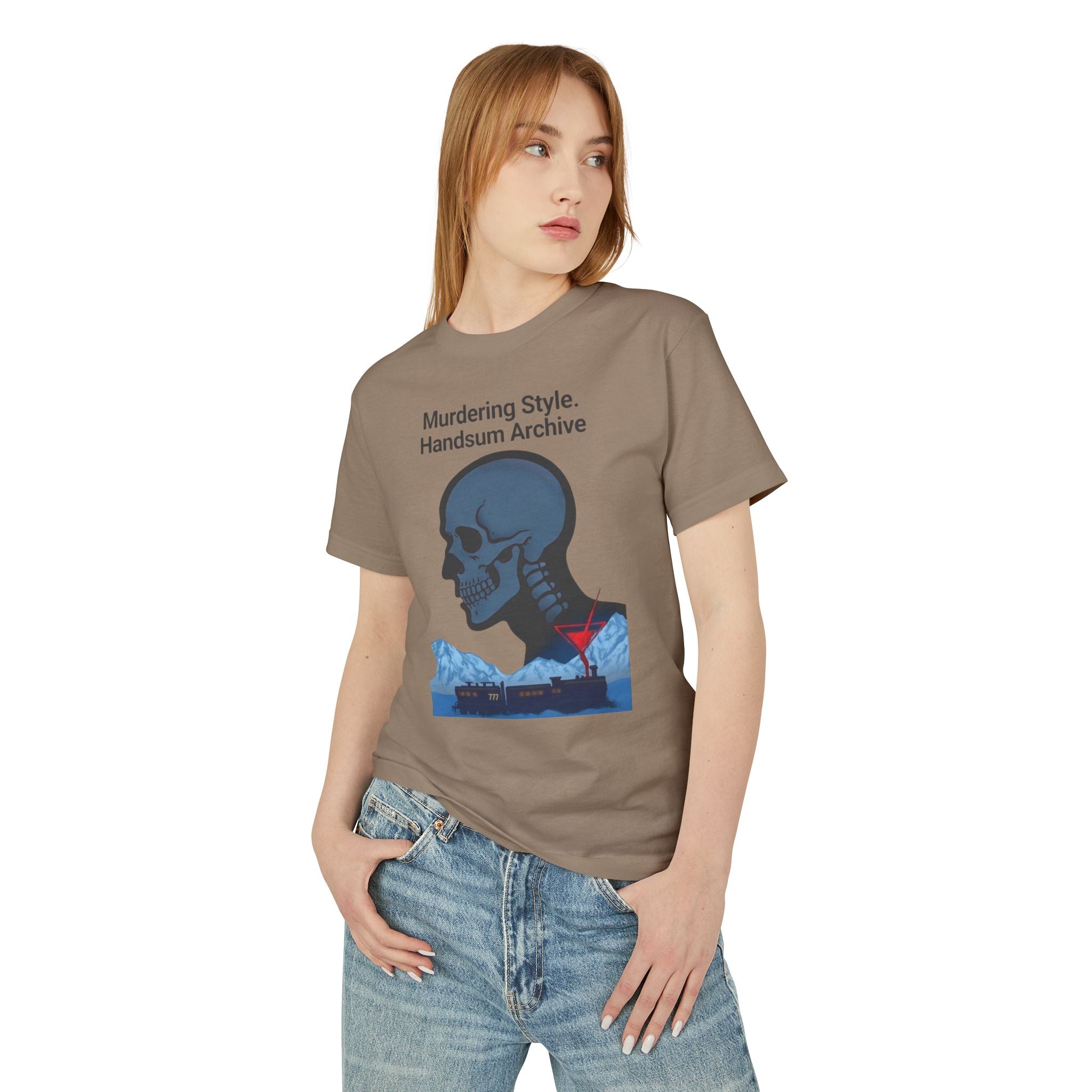 Brown crewneck graphic tee with skull and hands Archive front print