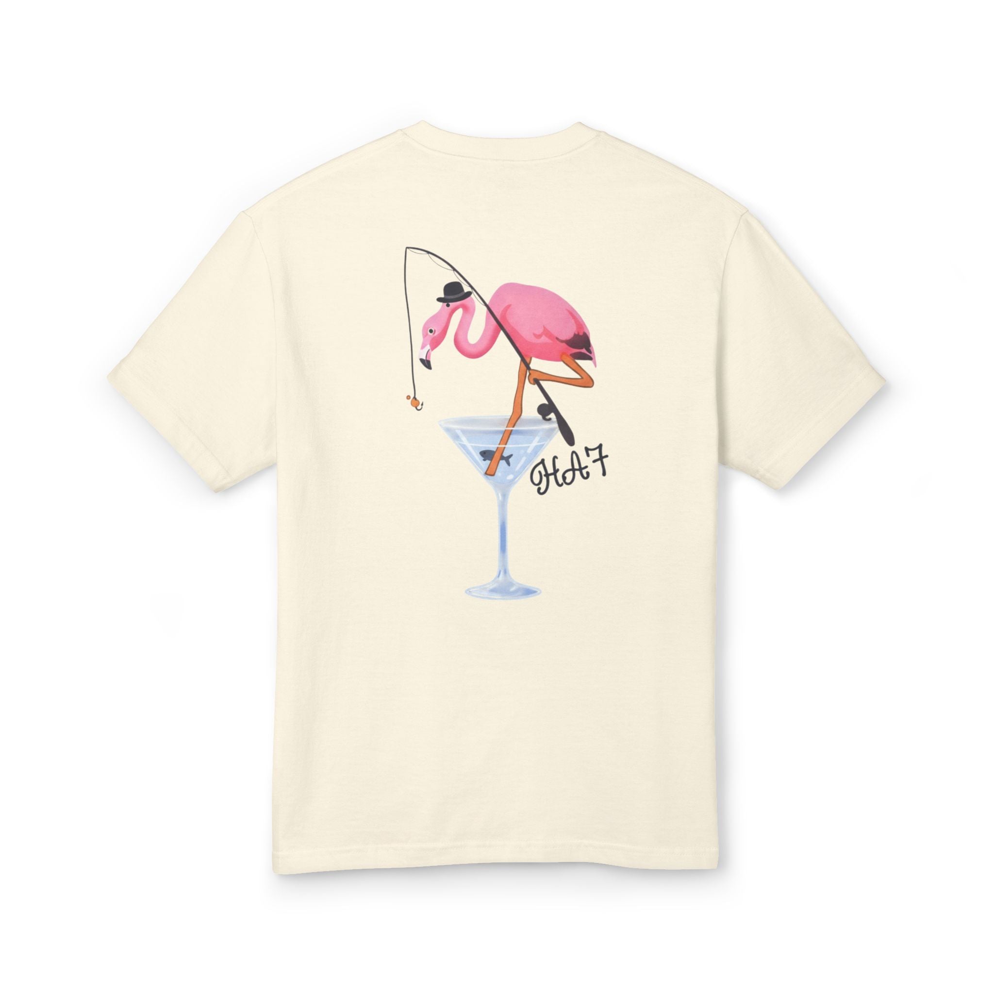 Light cream T-shirt with back graphic of pink flamingo holding a drink.