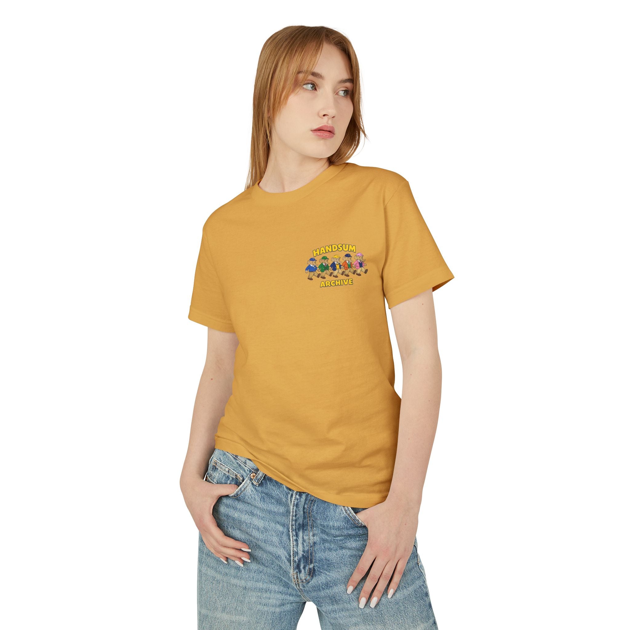 Mustard graphic T-shirt with small chest logo, worn by model