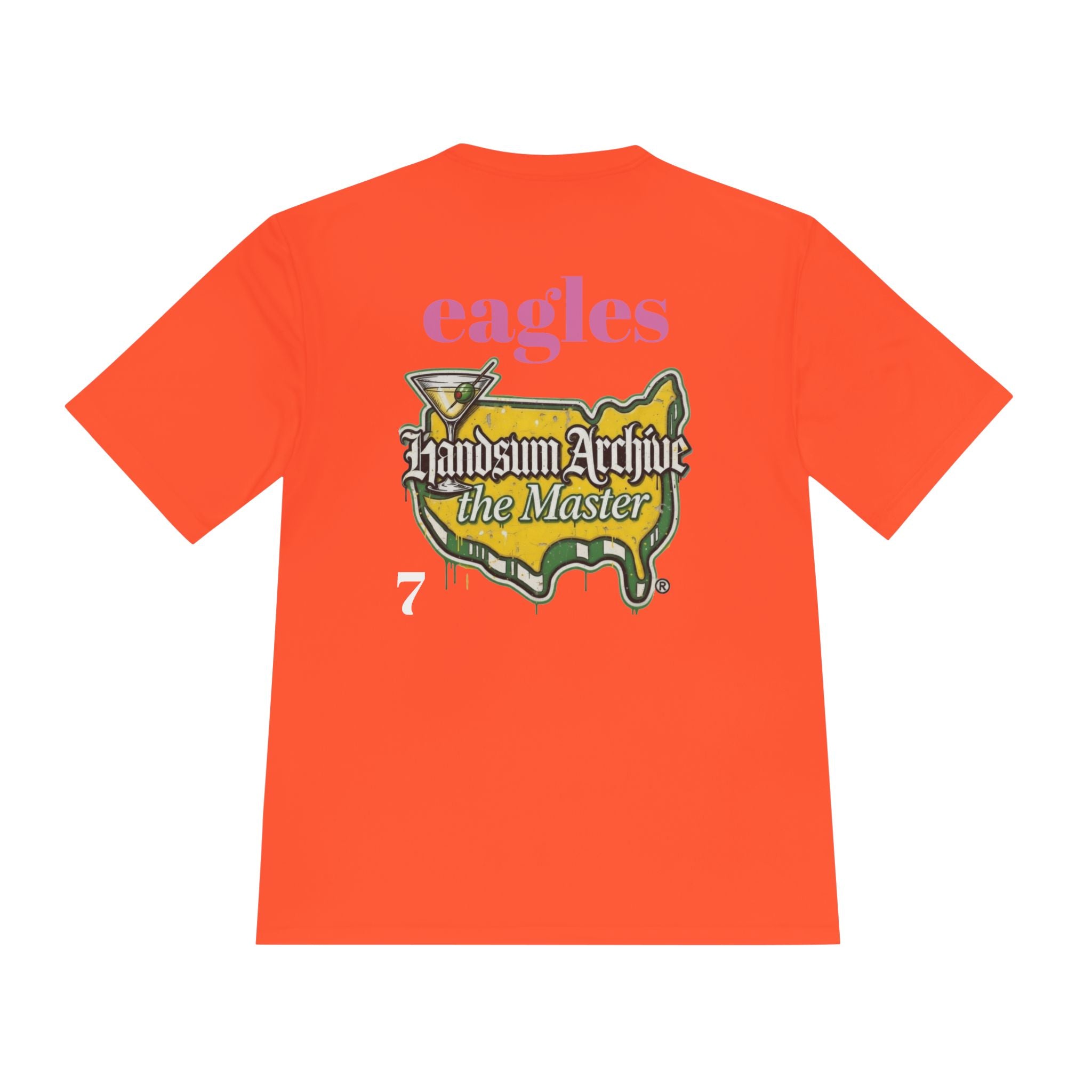 Orange T-shirt with back “eagles” lettering and “Handsum Archive the Master” graphic.