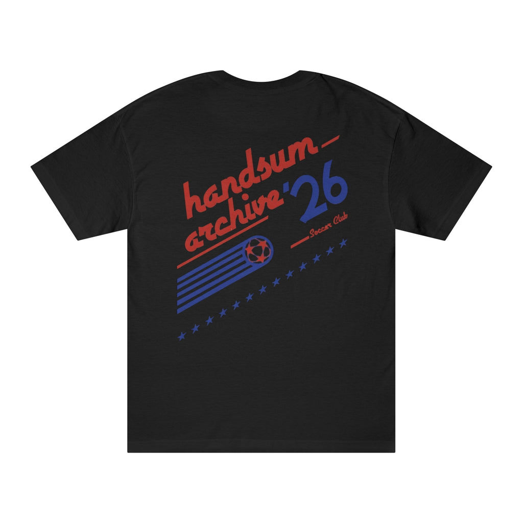 Black crewneck T-shirt with large back graphic print.