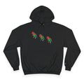 Black pullover hoodie with bird lineup graphic, drawstring hood, front pocket, sleeve logo.