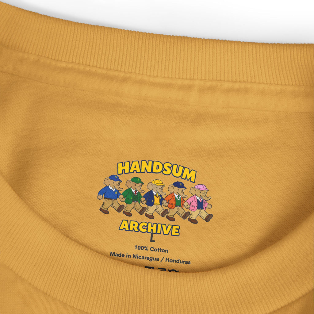 Mustard T-shirt neckline and chest logo text: HANDSUM ARCHIVE, 100% cotton