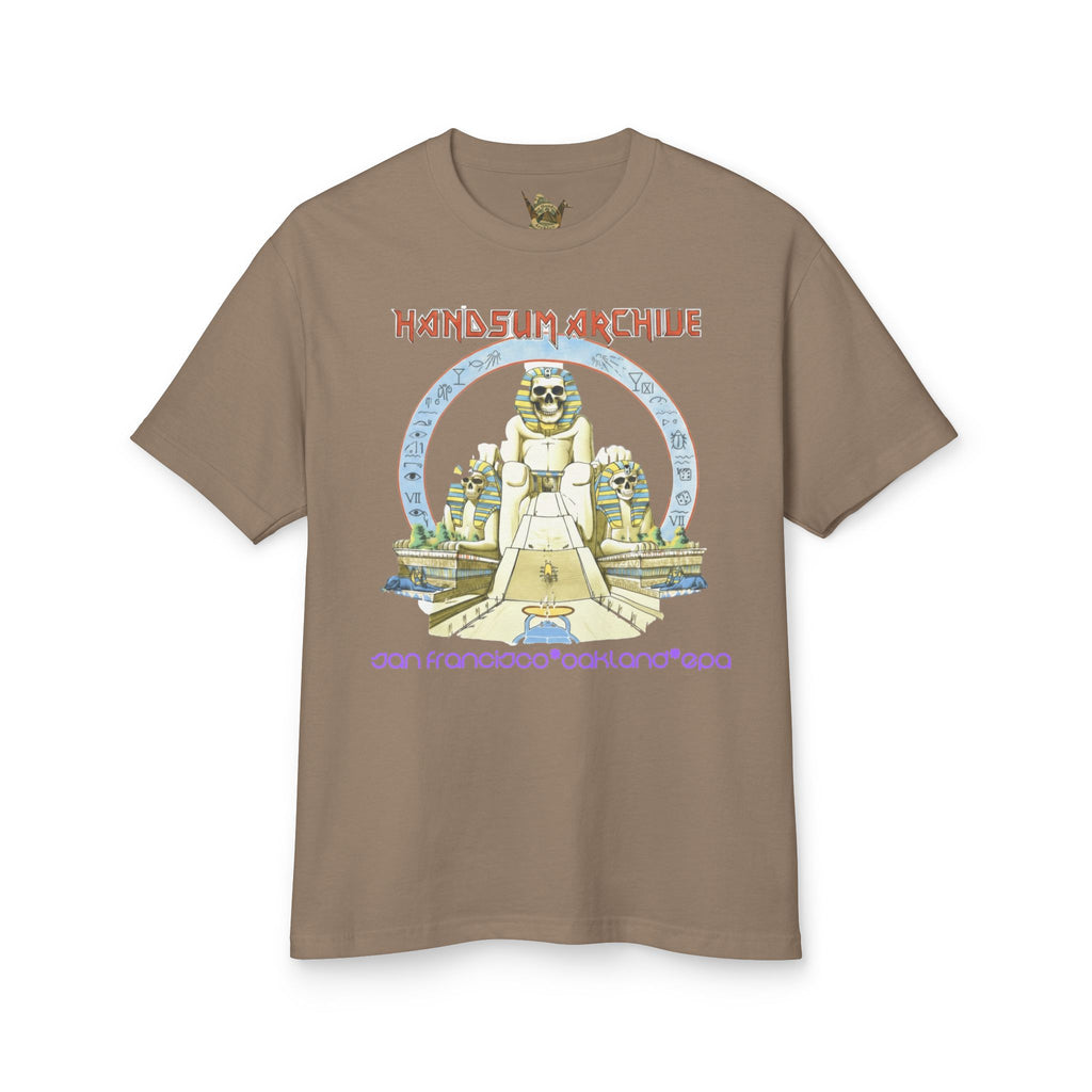 Faded brown Pharaoh graphic T-shirt with central illustrated figure on the front
