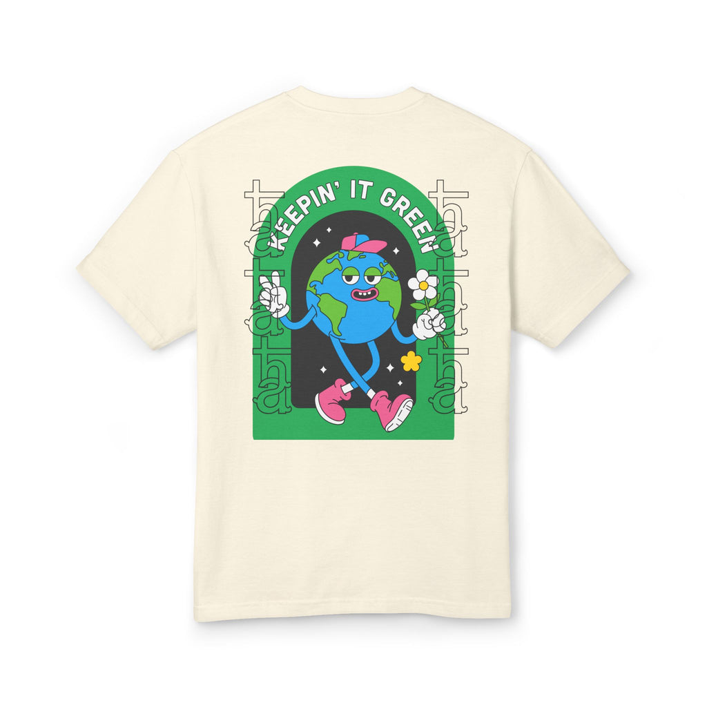 Daily tee, cream, back graphic with “Keepin’ It Green” and decorative flowers.