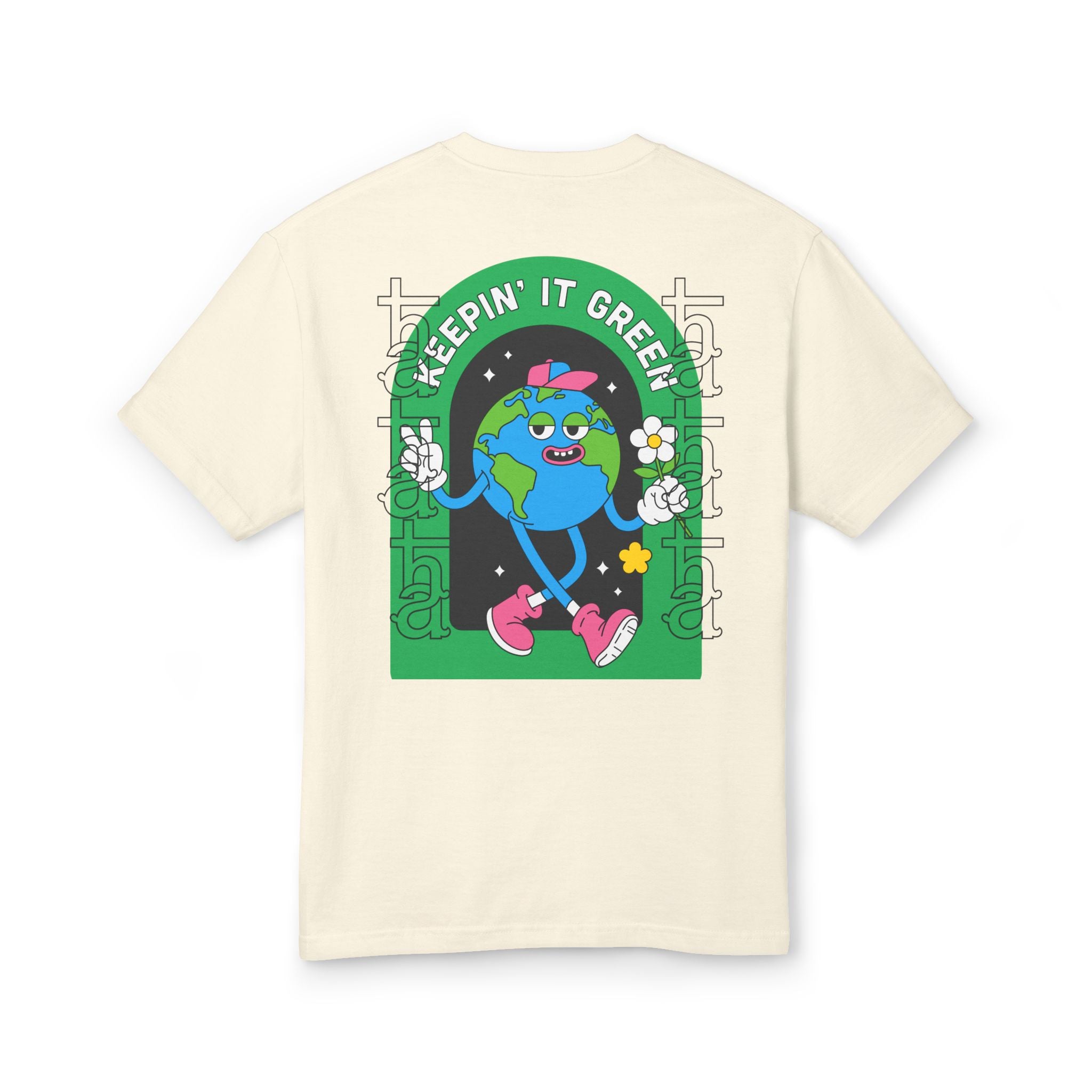 Daily tee, cream, back graphic with “Keepin’ It Green” and decorative flowers.