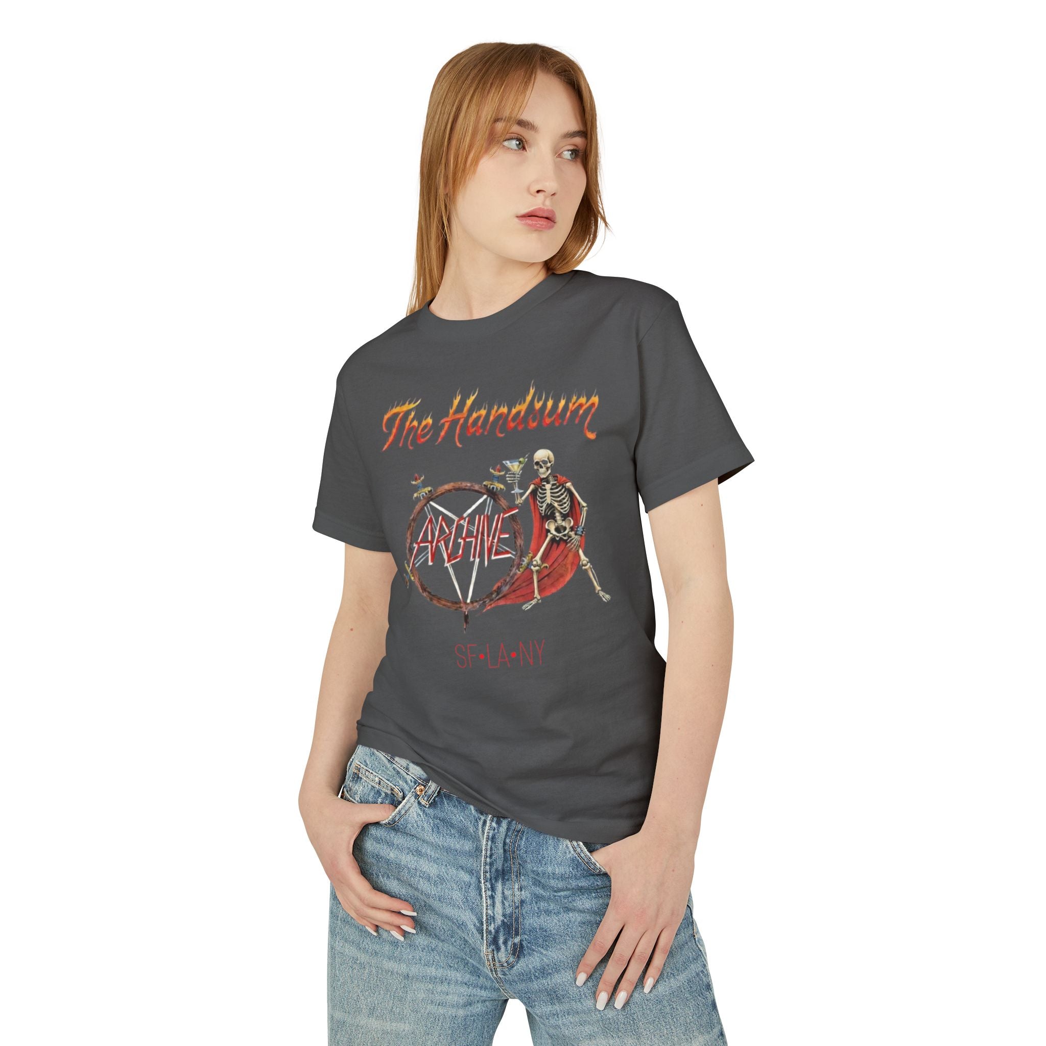 Charcoal crewneck Slayer Generational tee with skeleton bicycle graphic on front, side view