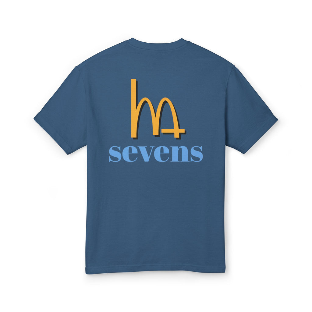 Blue crewneck T-shirt back with yellow “m4” and light blue “sevens” text graphic