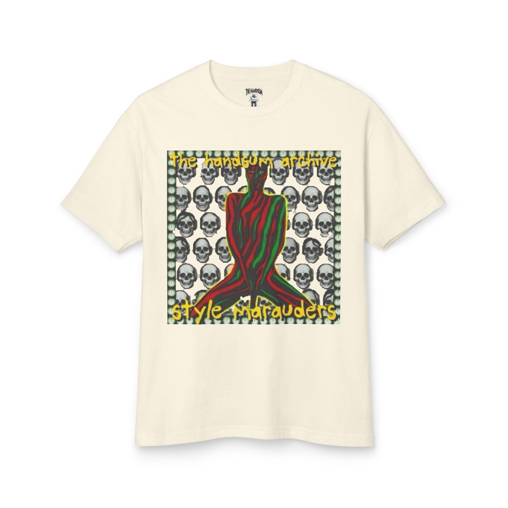 Cream T-shirt with square front graphic of skulls and red-striped character