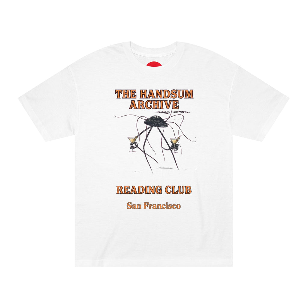White crewneck T-shirt with front bug illustration and Reading Club San Francisco print