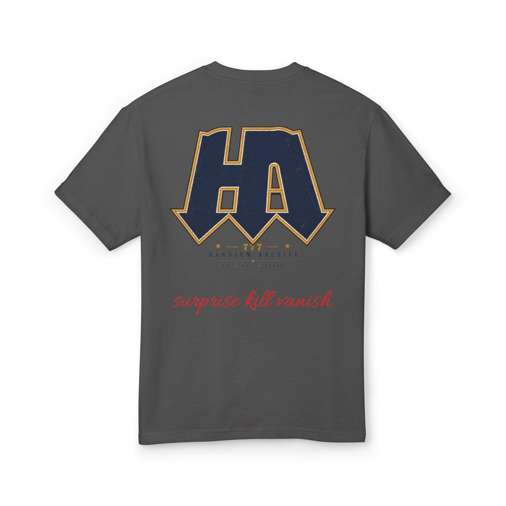 Dark graphic T-shirt with large back logo and script text