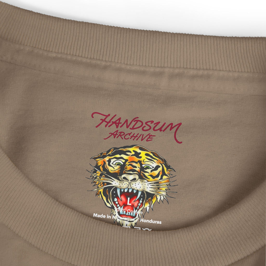 Brown T-shirt with tiger head graphic and Handsum Archive logo on the chest