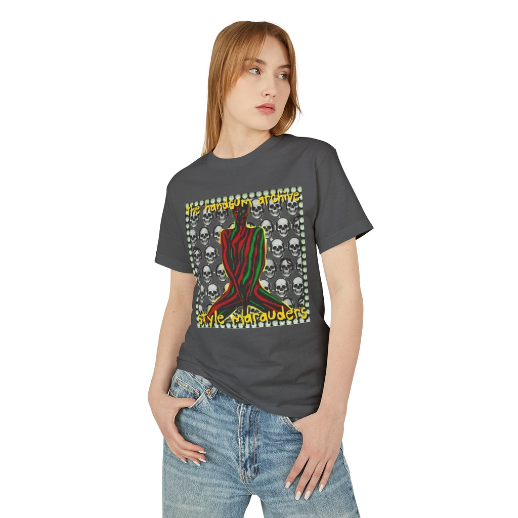 Charcoal crew neck graphic Marauders T-shirt with colorful skull and neon-style print