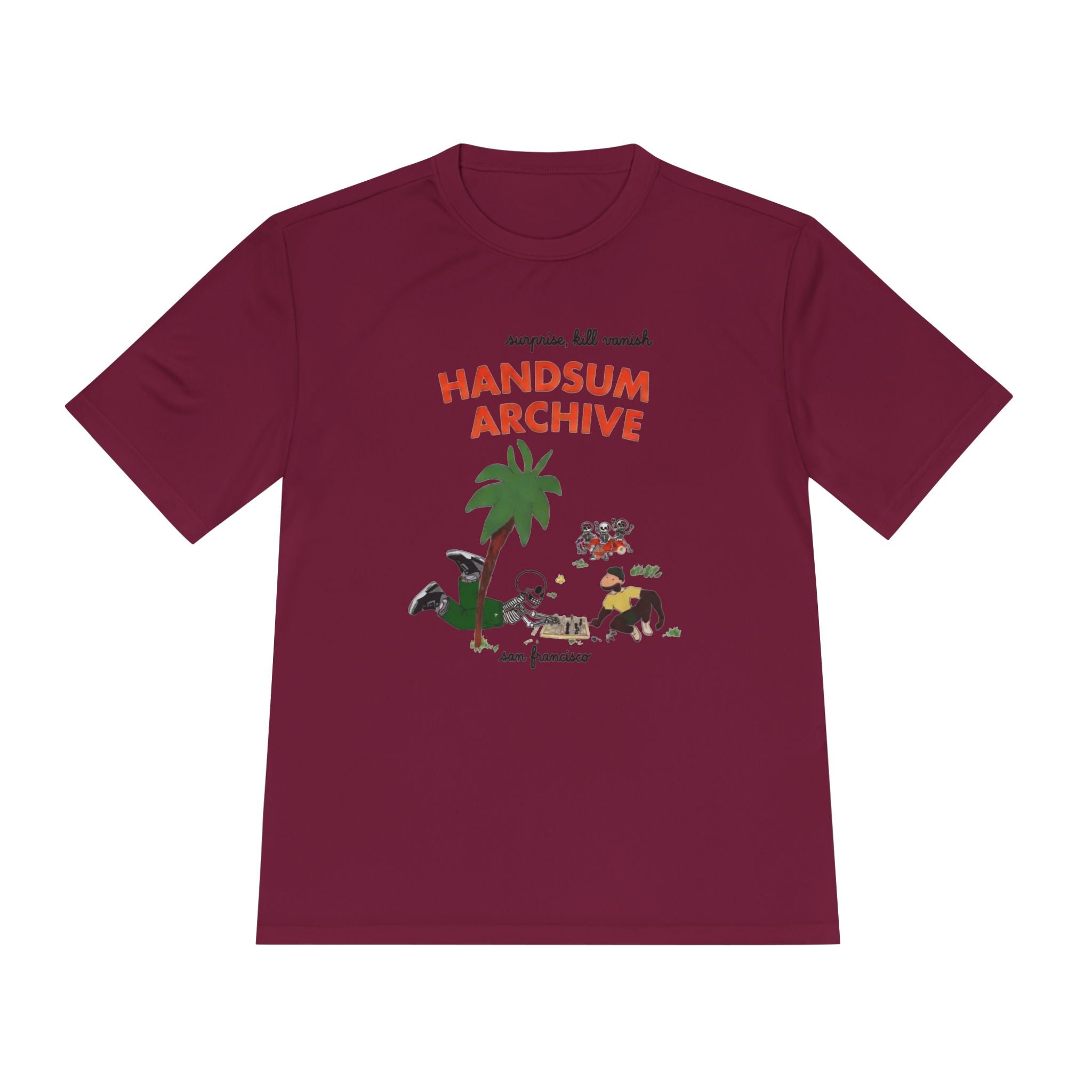 Cardinal moisture-wicking tee front with 'HANDSUN ARCHIVE' graphic and crew neck.