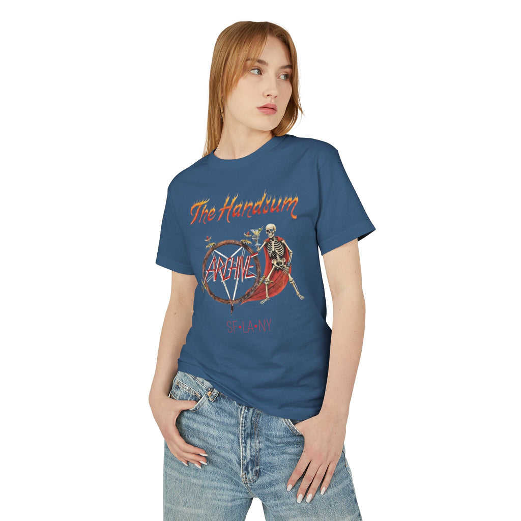 Faded navy generational tee with skeleton and circle artwork and The Handsum