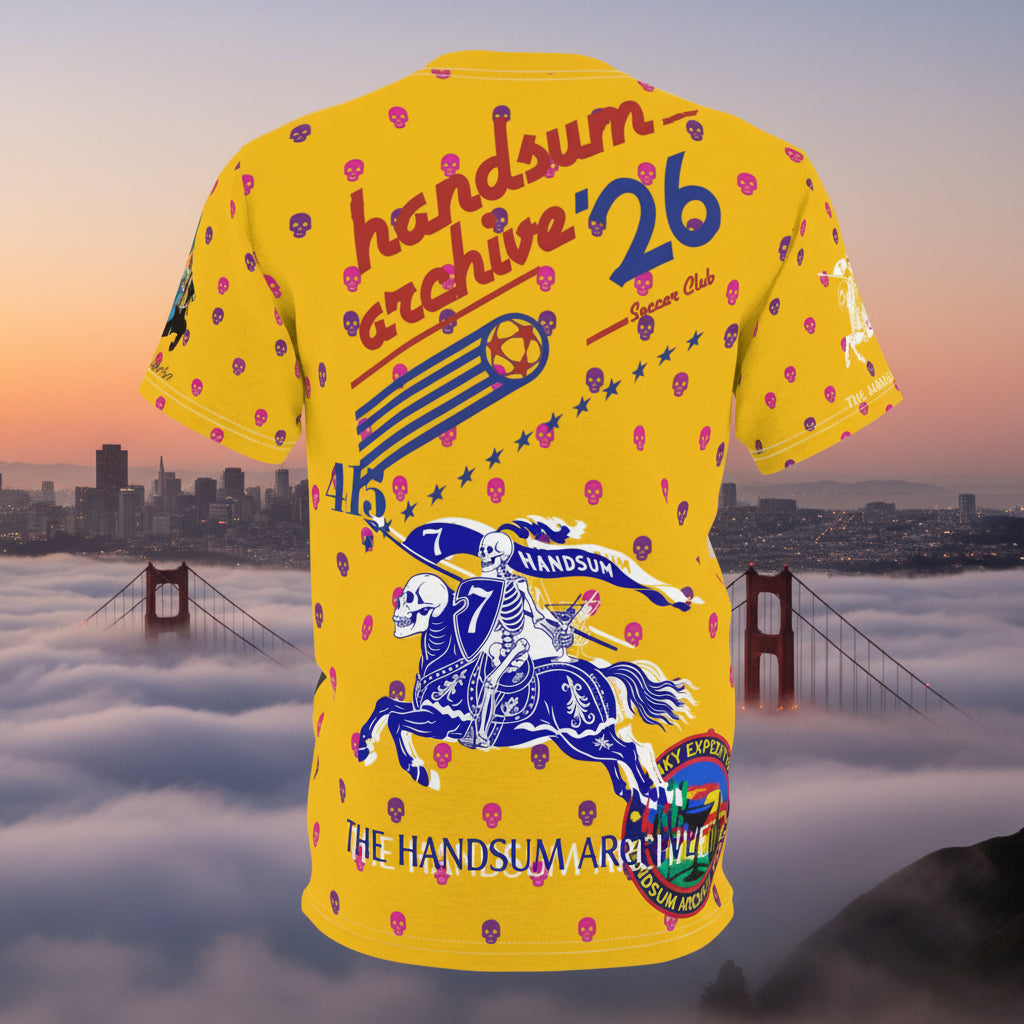 Yellow soccer graphic T-shirt with World Cup 26 front print and short sleeves