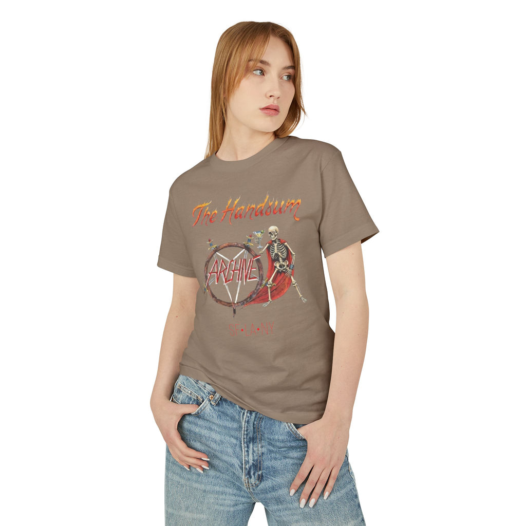 Brown Slayer Generational tee with front circular “ARCHIVE” skeleton graphic.