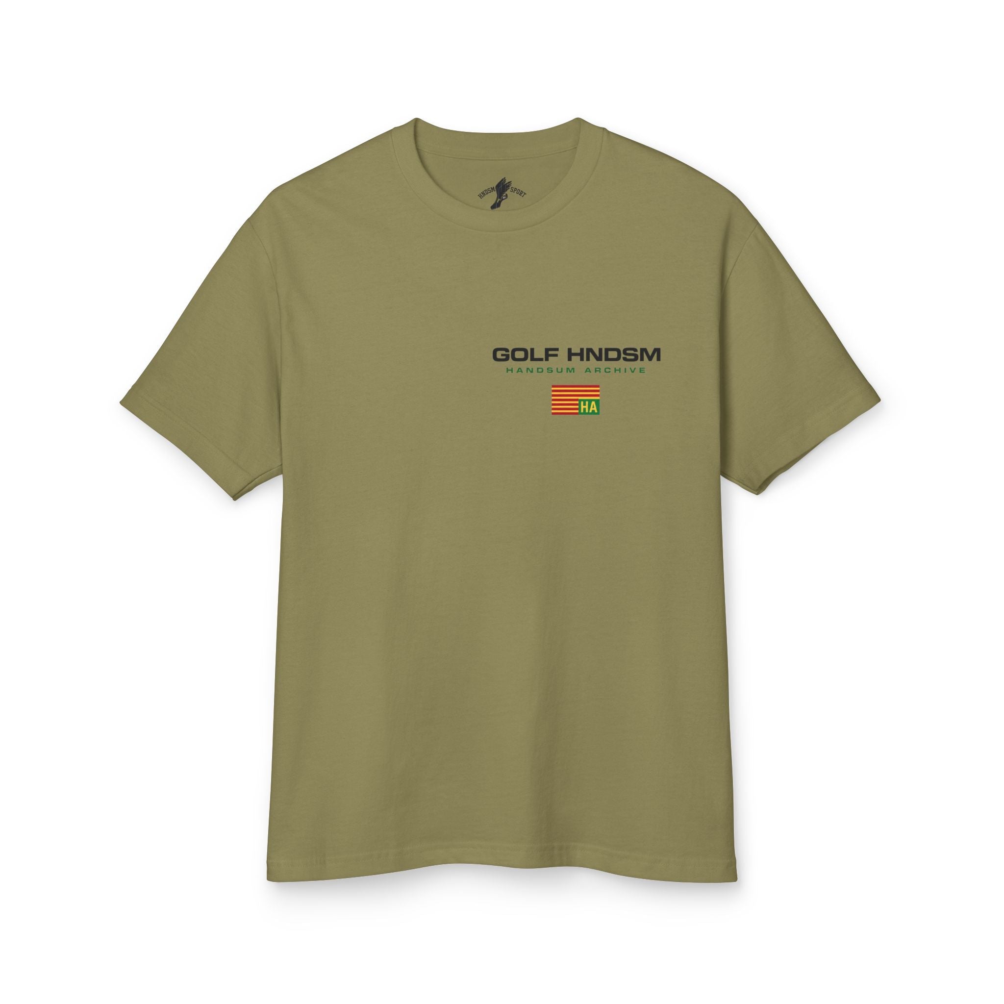 Daily tee, army green, front chest logo and small HA mark.