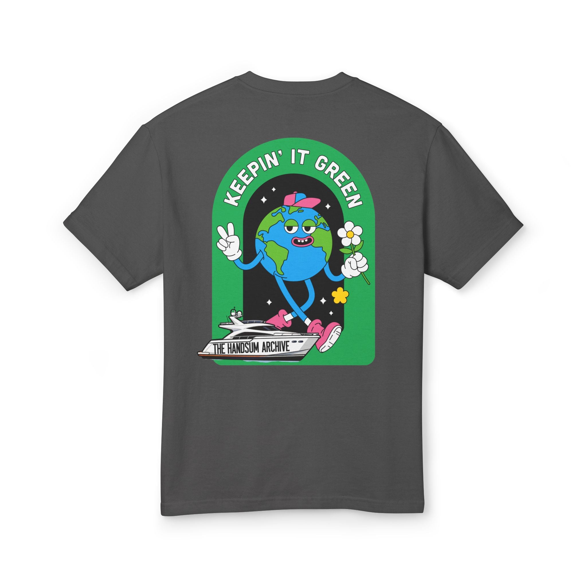 Dark gray graphic T-shirt with green back logo illustration